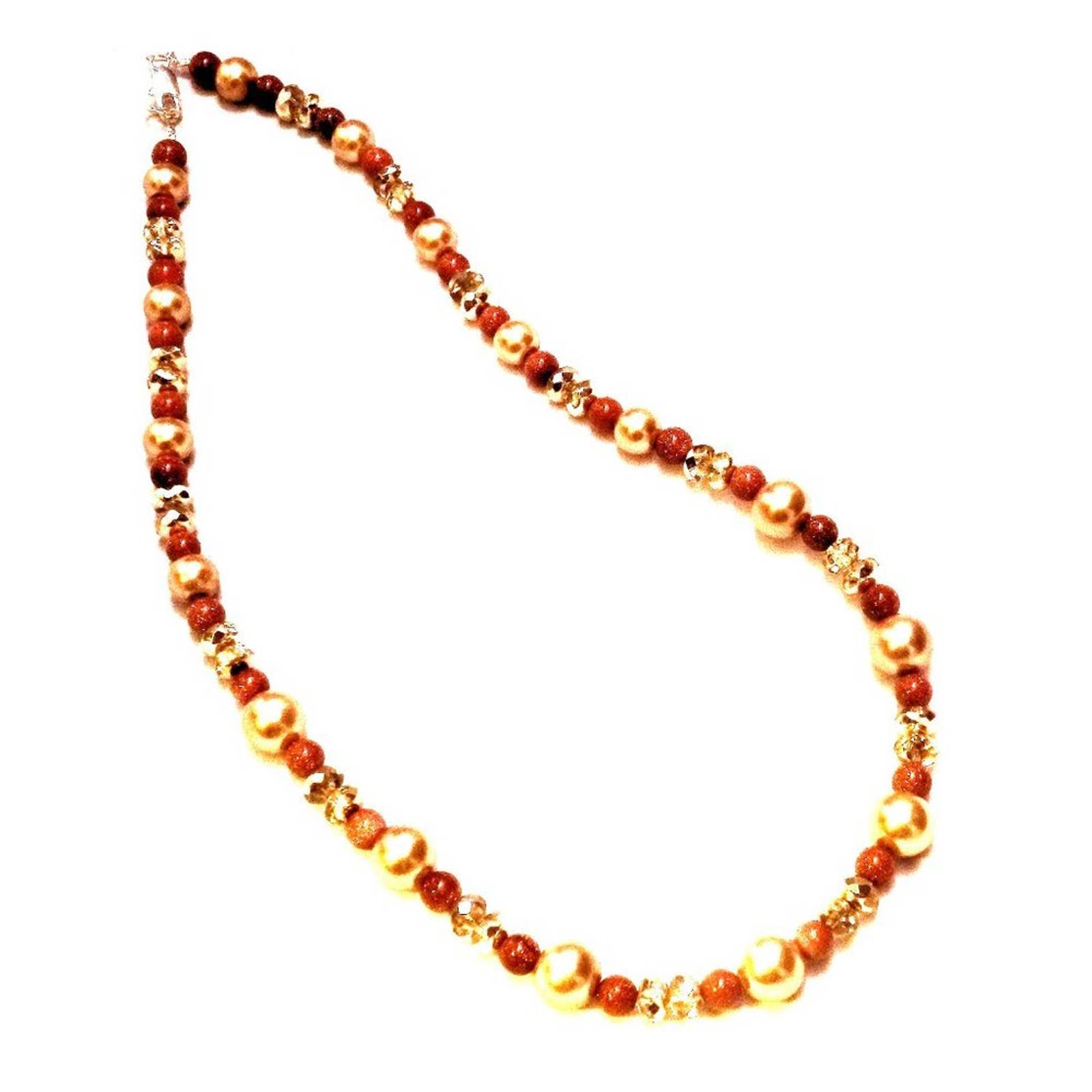 Brown Goldstone And Gold Glass Beaded Necklace 936